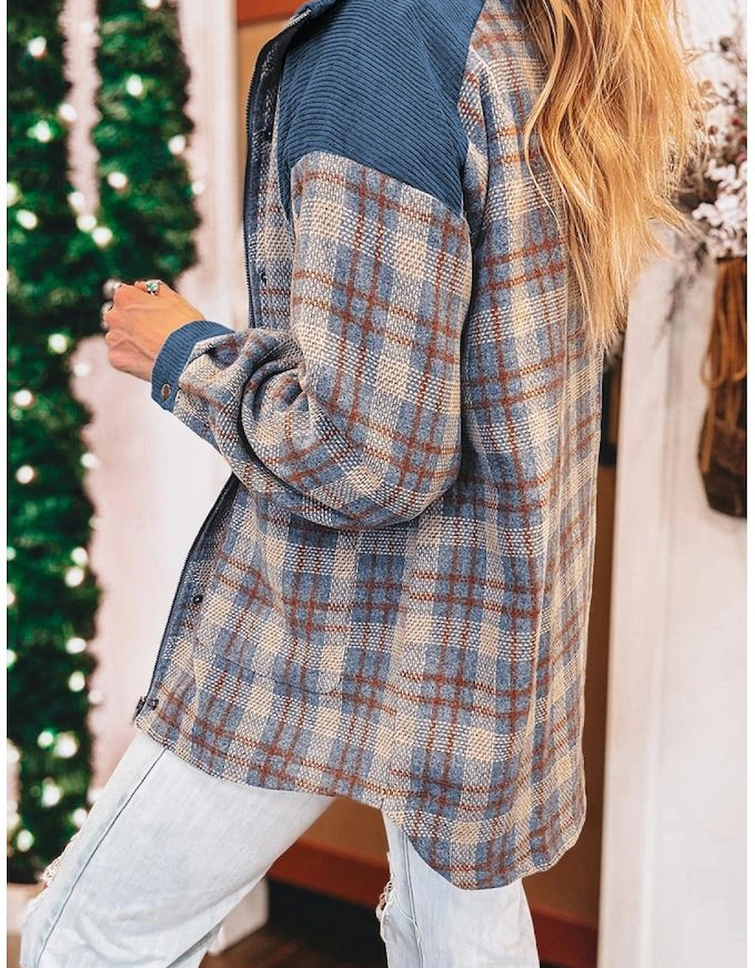 Gray Plaid Corduroy Patchwork Collared Zip Up Snap Button Jacket, 13 of 12