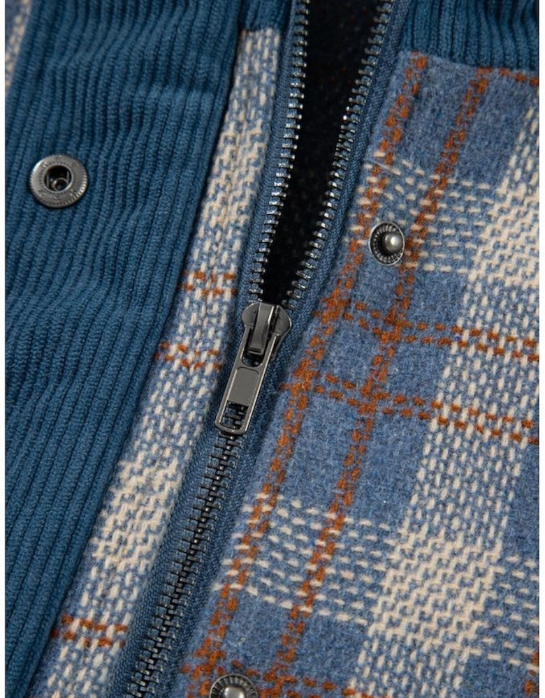 Gray Plaid Corduroy Patchwork Collared Zip Up Snap Button Jacket