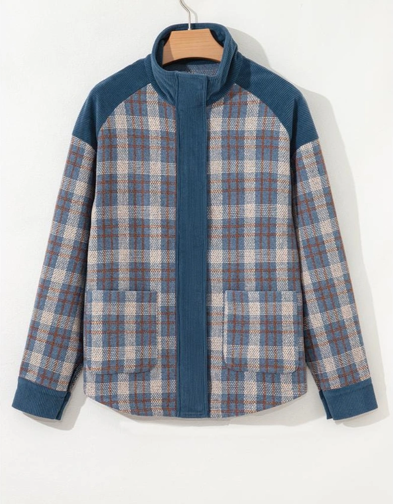 Gray Plaid Corduroy Patchwork Collared Zip Up Snap Button Jacket