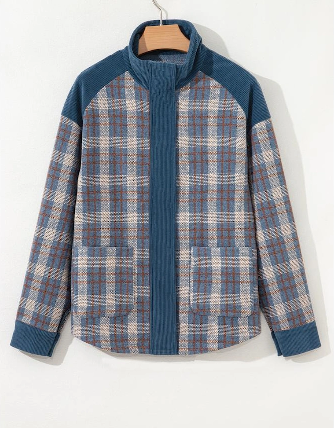 Gray Plaid Corduroy Patchwork Collared Zip Up Snap Button Jacket