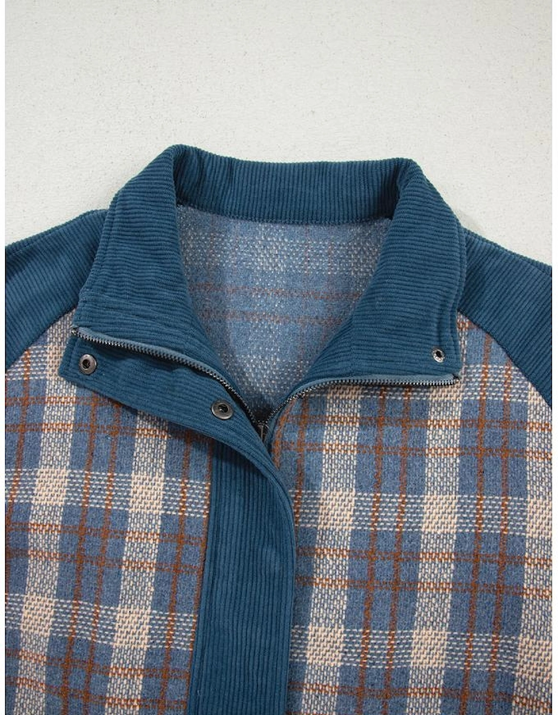Gray Plaid Corduroy Patchwork Collared Zip Up Snap Button Jacket