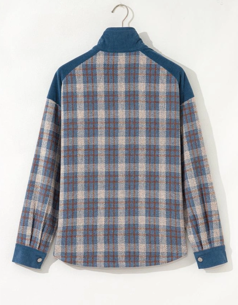 Gray Plaid Corduroy Patchwork Collared Zip Up Snap Button Jacket