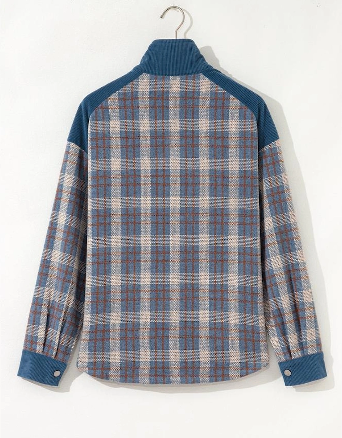 Gray Plaid Corduroy Patchwork Collared Zip Up Snap Button Jacket