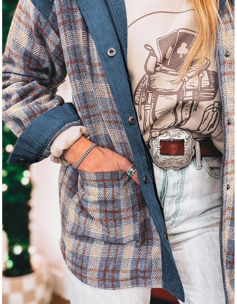 Gray Plaid Corduroy Patchwork Collared Zip Up Snap Button Jacket