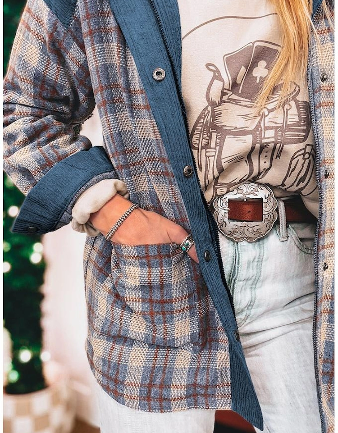 Gray Plaid Corduroy Patchwork Collared Zip Up Snap Button Jacket