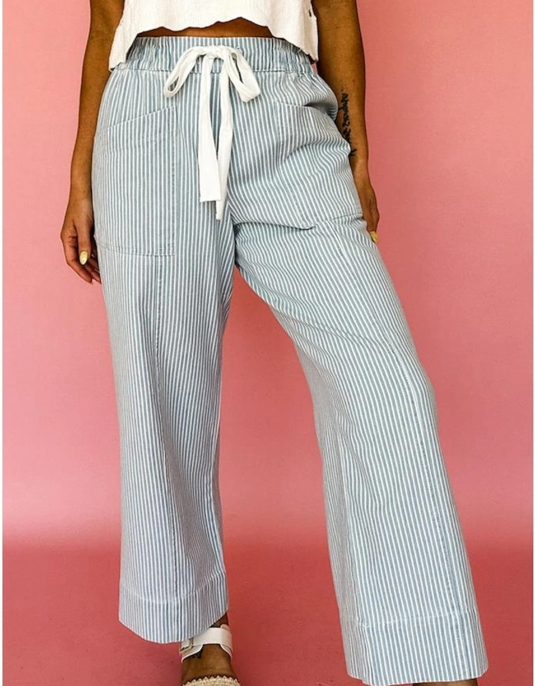 Sky Blue Stripe Mid Rise Drawstring Waist Jeans