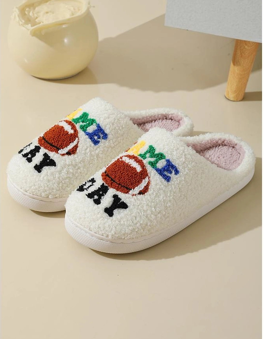 White GAME DAY Rugby Football Plush Slippers, 6 of 5
