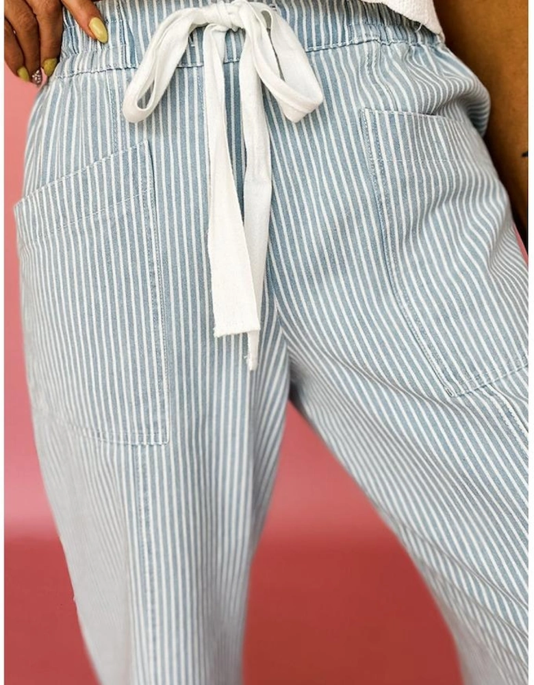 Sky Blue Stripe Mid Rise Drawstring Waist Jeans