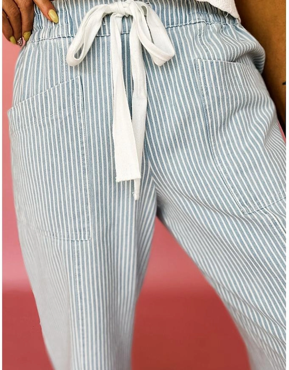 Sky Blue Stripe Mid Rise Drawstring Waist Jeans