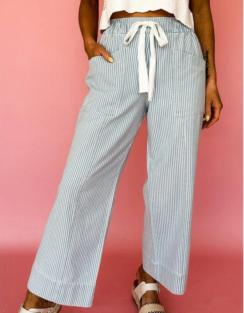 Sky Blue Stripe Mid Rise Drawstring Waist Jeans