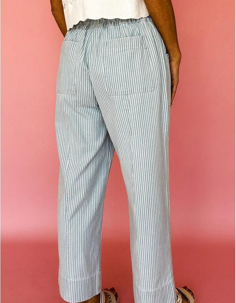Sky Blue Stripe Mid Rise Drawstring Waist Jeans