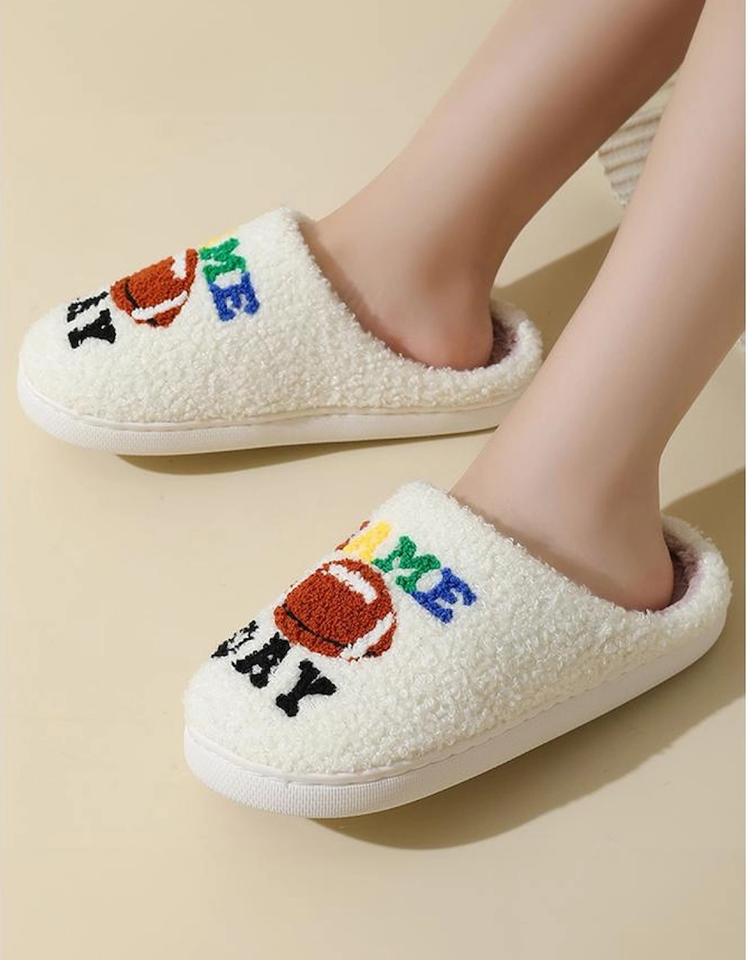 White GAME DAY Rugby Football Plush Slippers