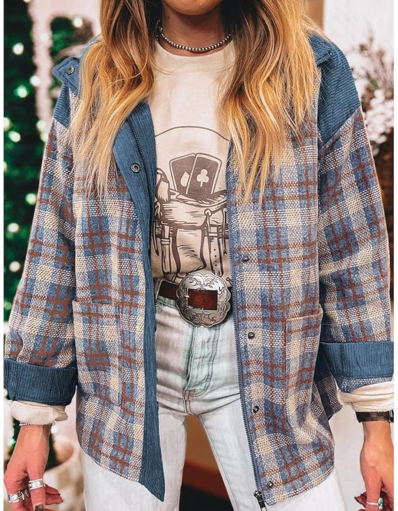 Gray Plaid Corduroy Patchwork Collared Zip Up Snap Button Jacket