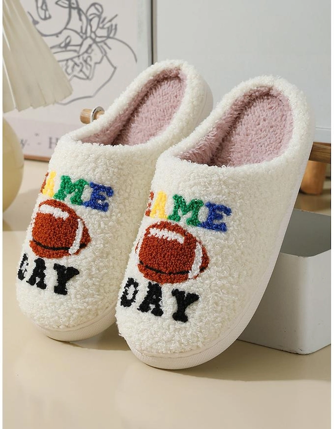 White GAME DAY Rugby Football Plush Slippers