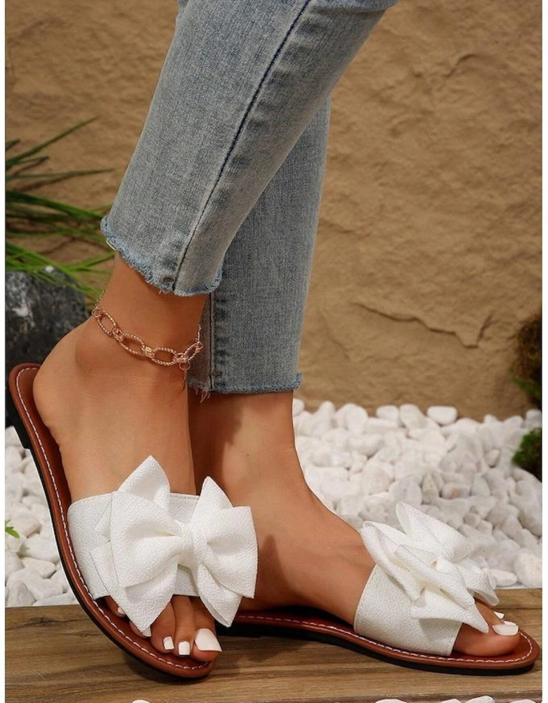 White Bow Knot Decor PU Leather Insole Flat Slippers
