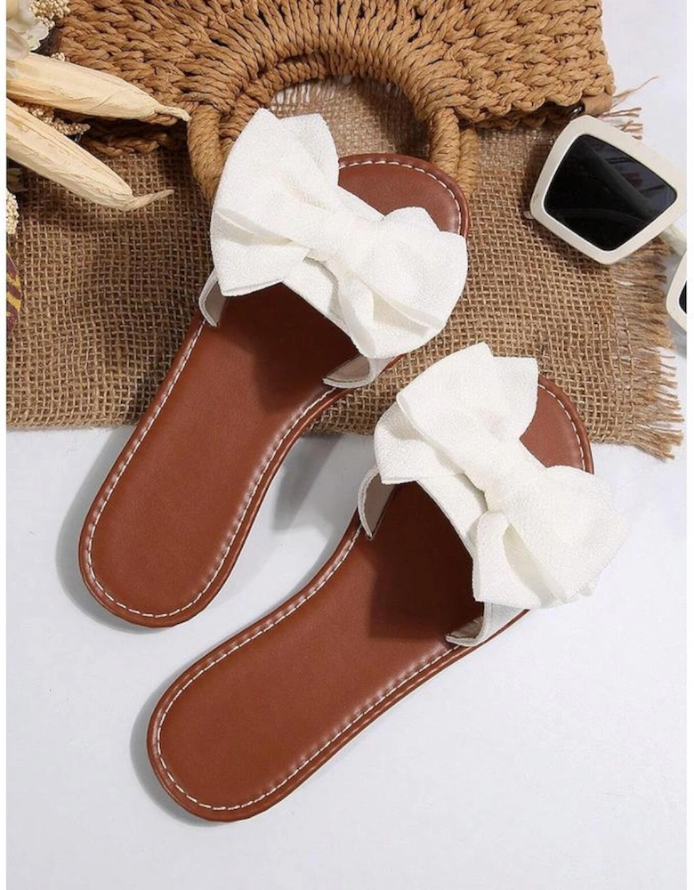 White Bow Knot Decor PU Leather Insole Flat Slippers