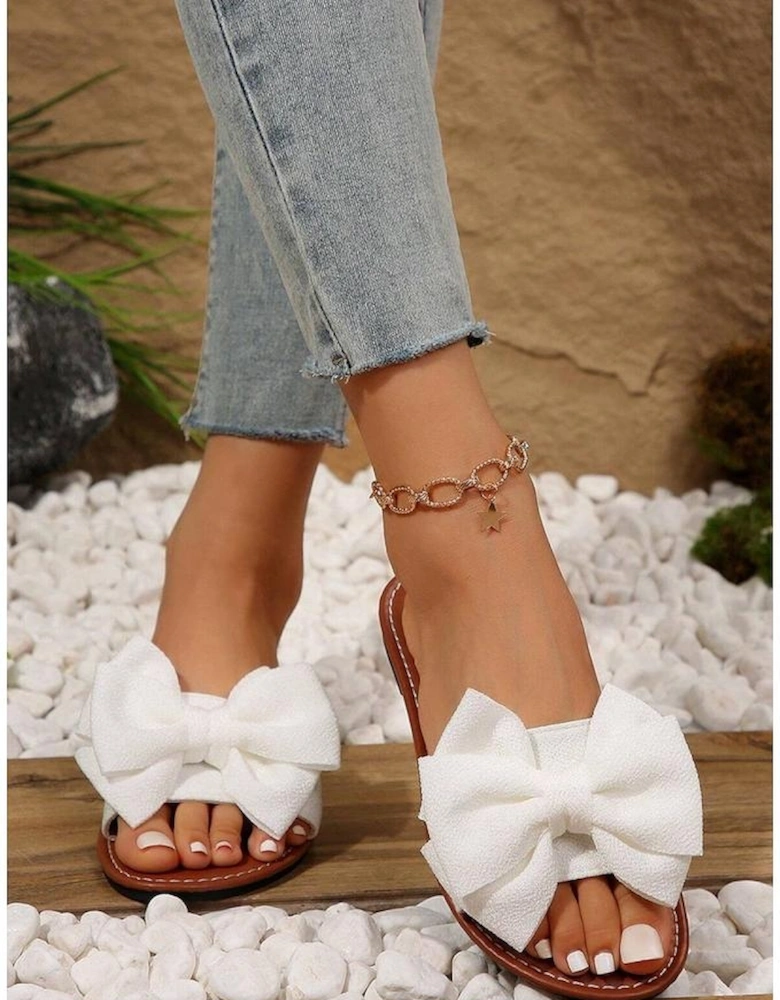 White Bow Knot Decor PU Leather Insole Flat Slippers