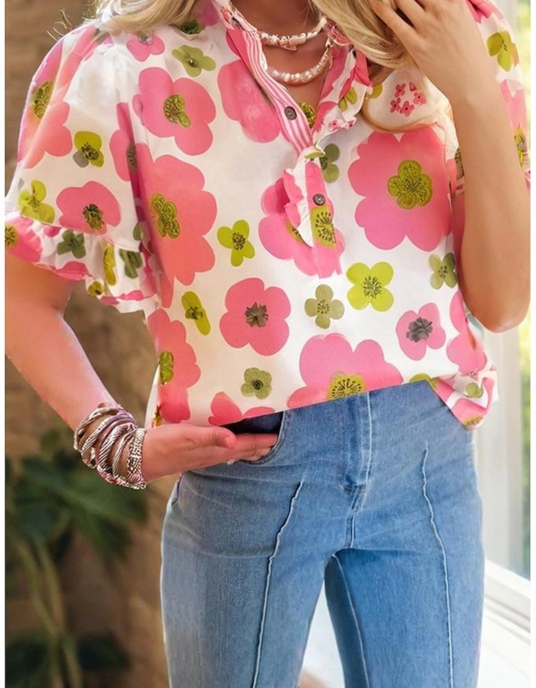 Pink Floral Ruffle Short Sleeve Striped Buttoned Collar Blouse