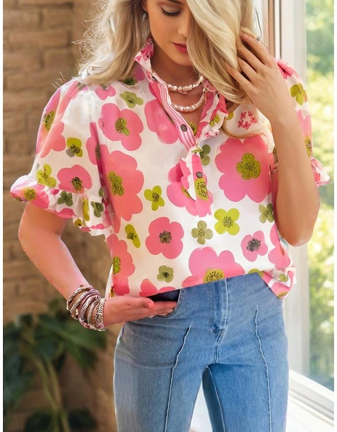 Pink Floral Ruffle Short Sleeve Striped Buttoned Collar Blouse, 3 of 2