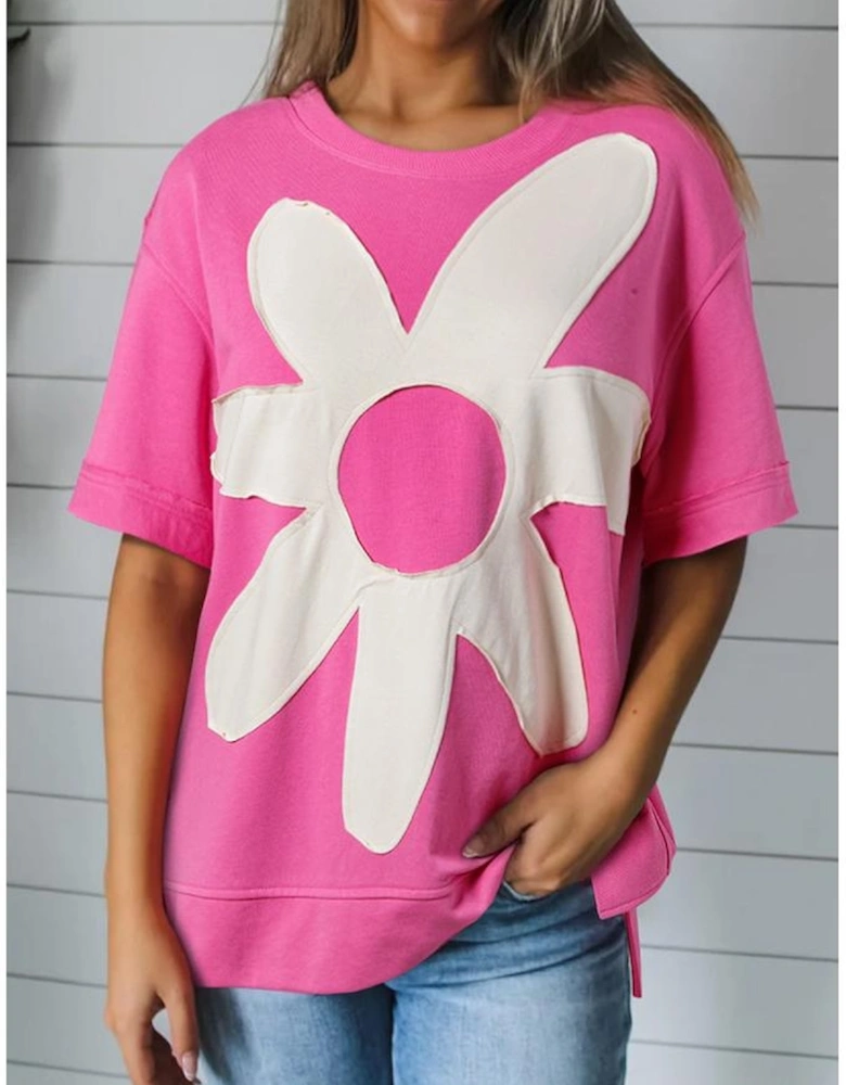 Sachet Pink Contrast Flower Drop Shoulder Loose T Shirt