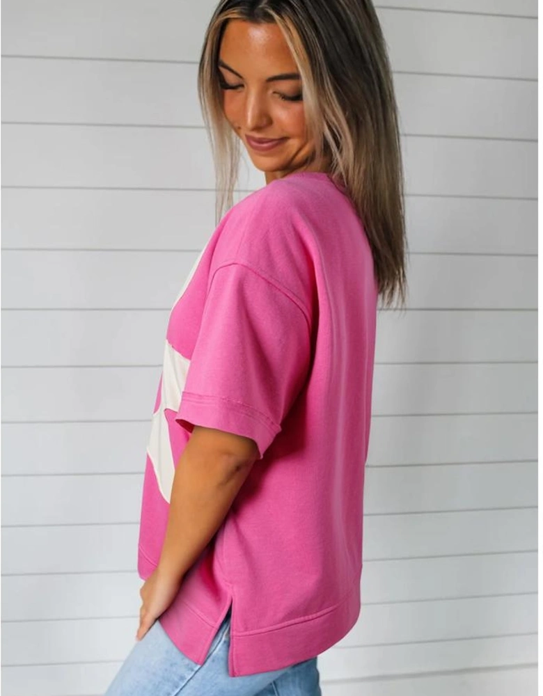 Sachet Pink Contrast Flower Drop Shoulder Loose T Shirt