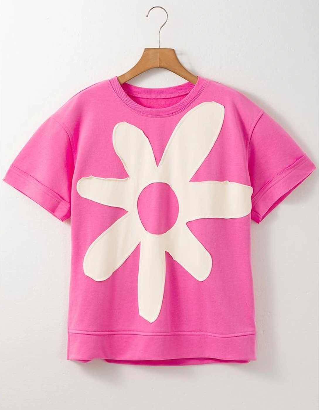 Sachet Pink Contrast Flower Drop Shoulder Loose T Shirt