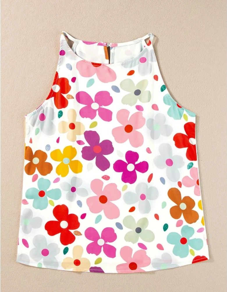 White Cute Floral Print Vest
