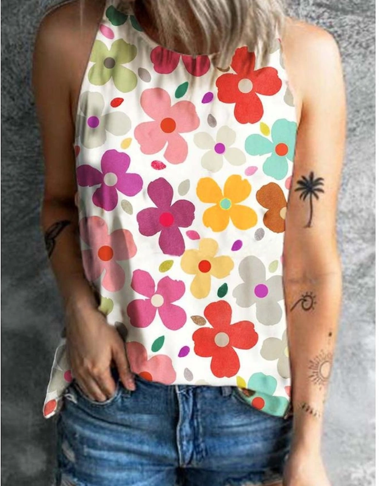 White Cute Floral Print Vest