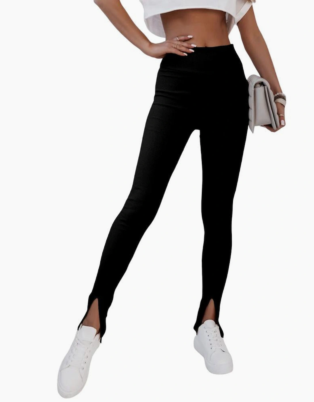 Black Rib Knit High Waist Slit Leggings