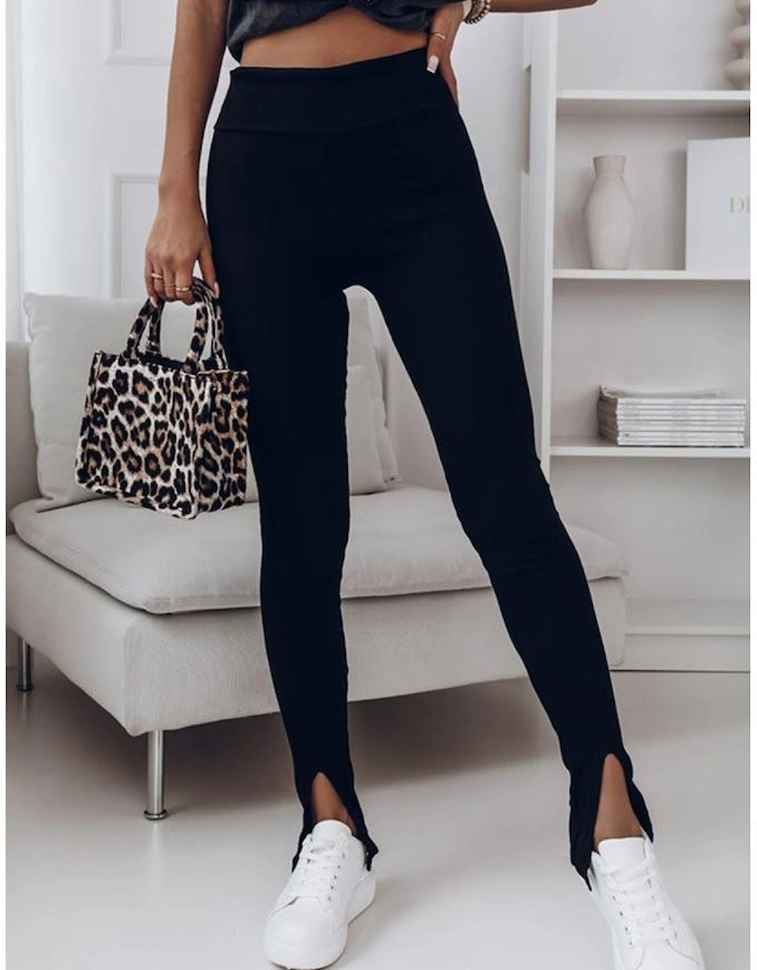 Black Rib Knit High Waist Slit Leggings