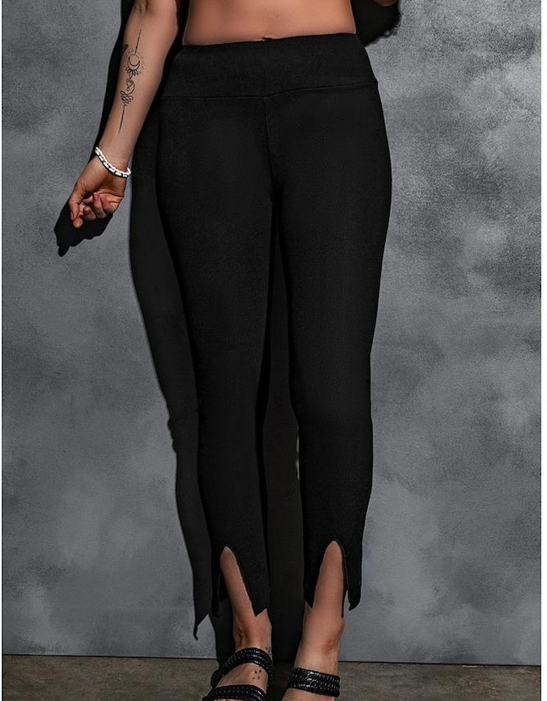 Black Rib Knit High Waist Slit Leggings
