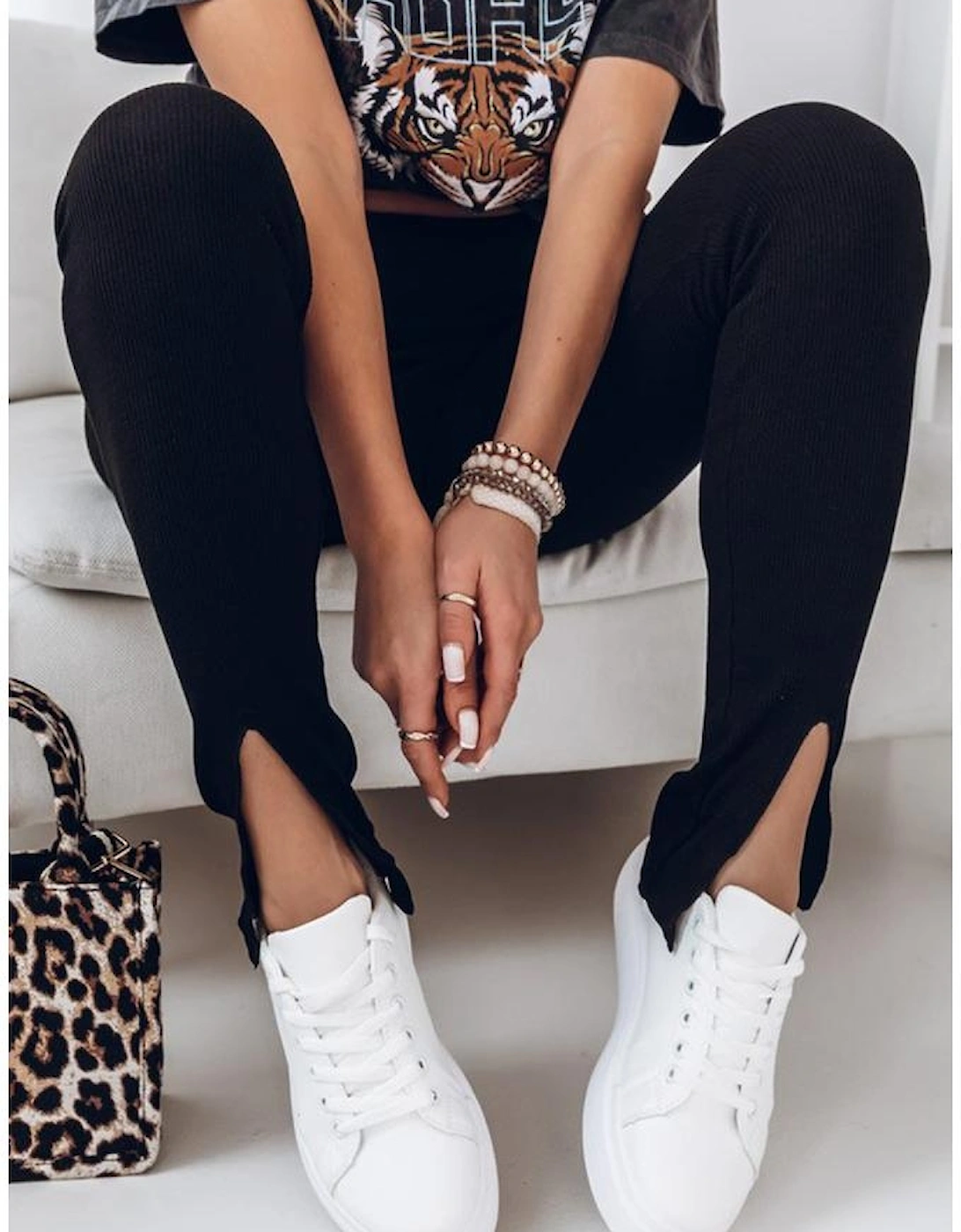 Black Rib Knit High Waist Slit Leggings