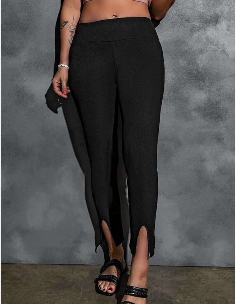 Black Rib Knit High Waist Slit Leggings