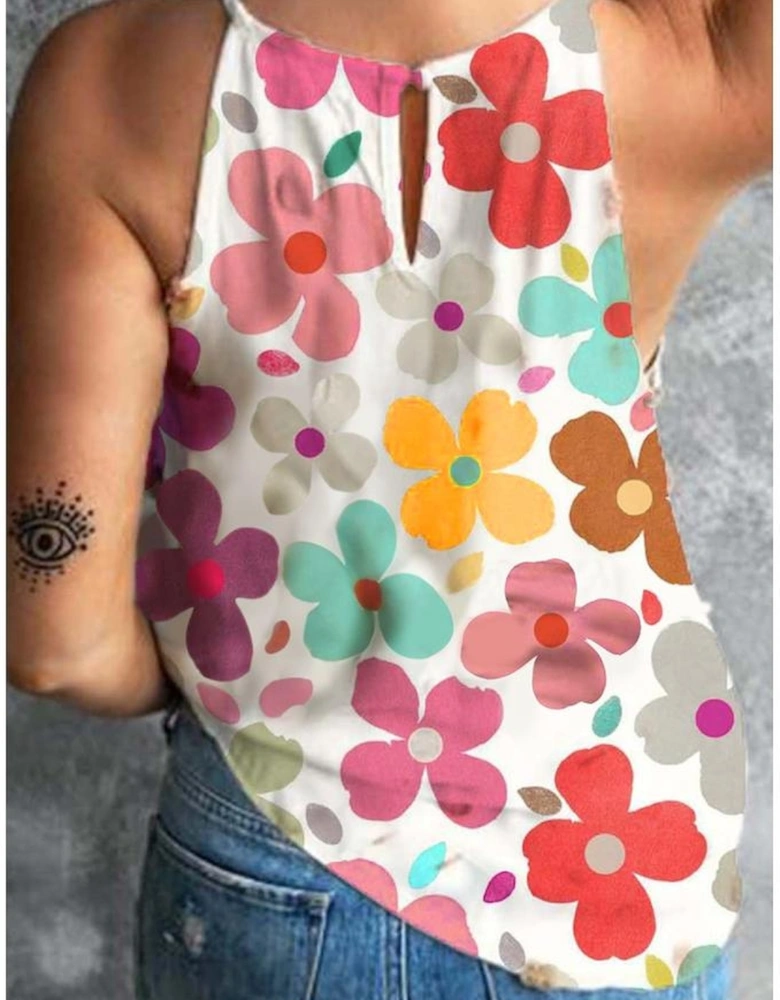 White Cute Floral Print Vest