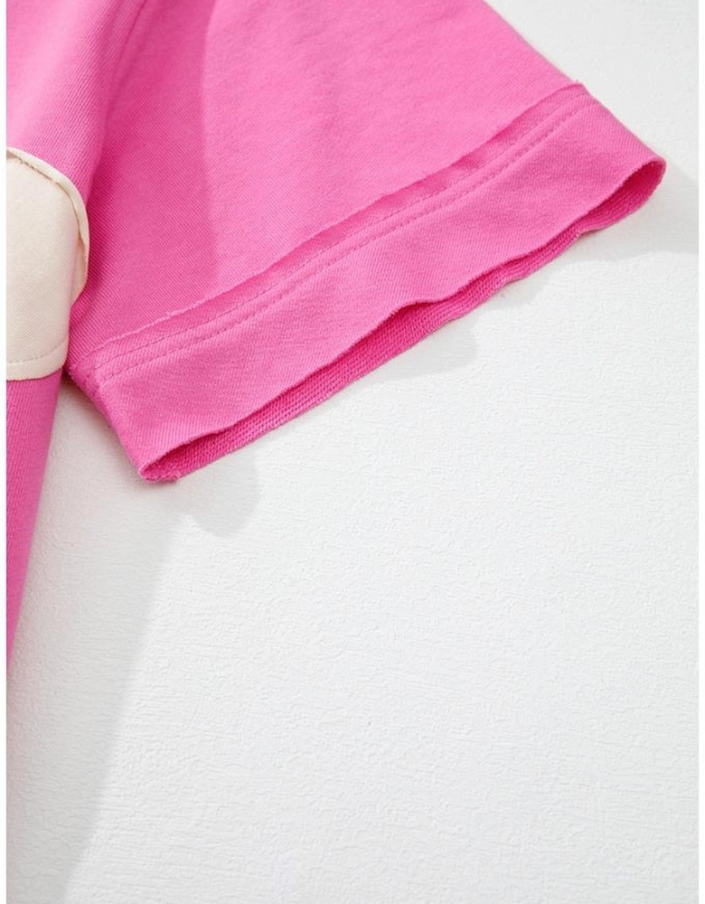 Sachet Pink Contrast Flower Drop Shoulder Loose T Shirt