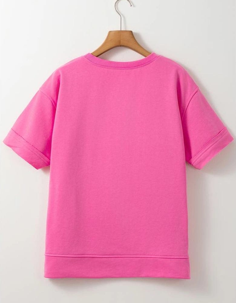 Sachet Pink Contrast Flower Drop Shoulder Loose T Shirt