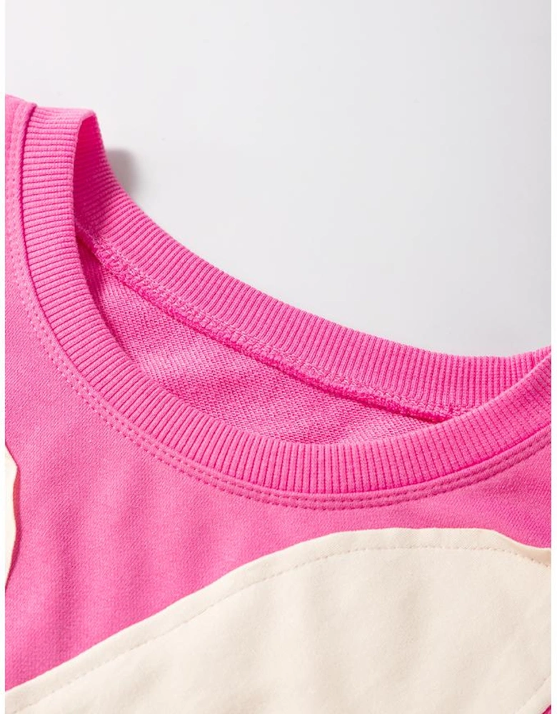 Sachet Pink Contrast Flower Drop Shoulder Loose T Shirt