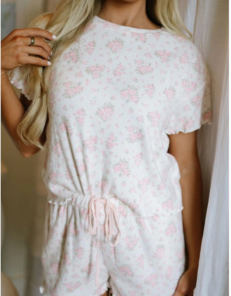 Pink Floral Lettuce Trim Tee and Shorts Ribbed Lounge Set