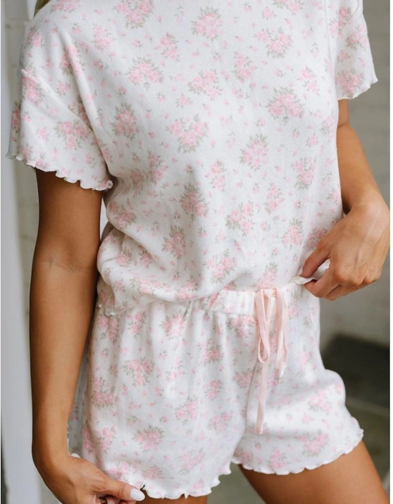 Pink Floral Lettuce Trim Tee and Shorts Ribbed Lounge Set
