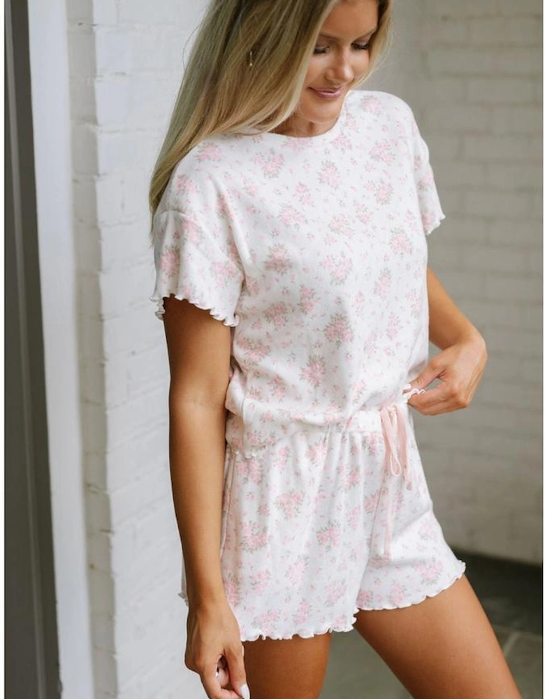 Pink Floral Lettuce Trim Tee and Shorts Ribbed Lounge Set