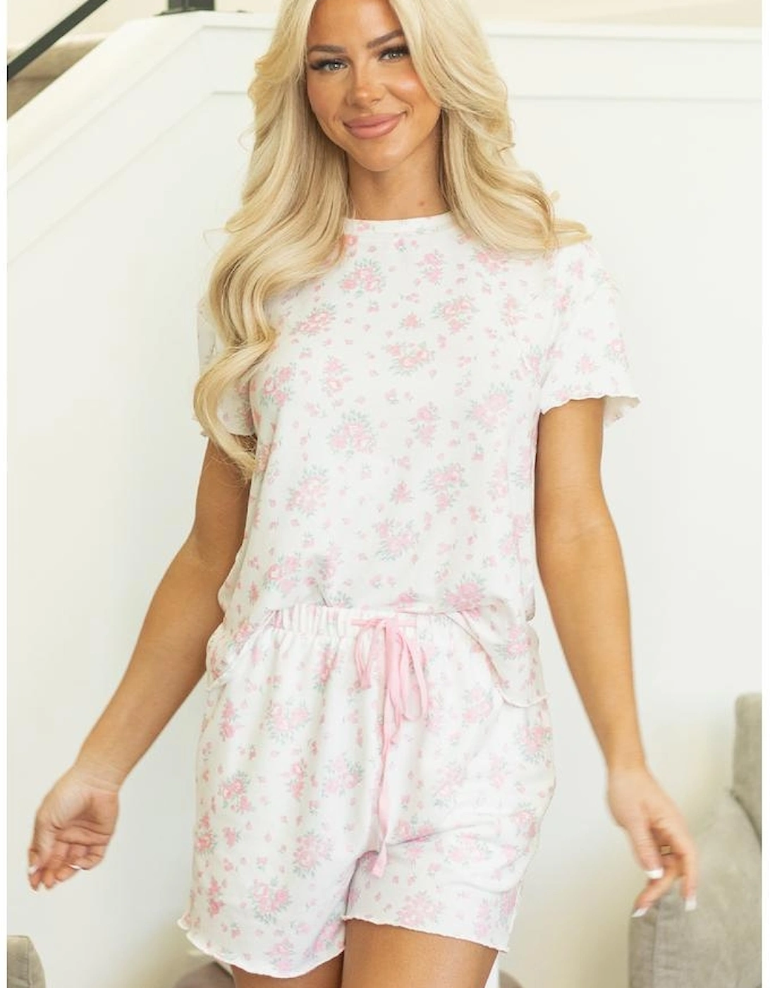 Pink Floral Lettuce Trim Tee and Shorts Ribbed Lounge Set