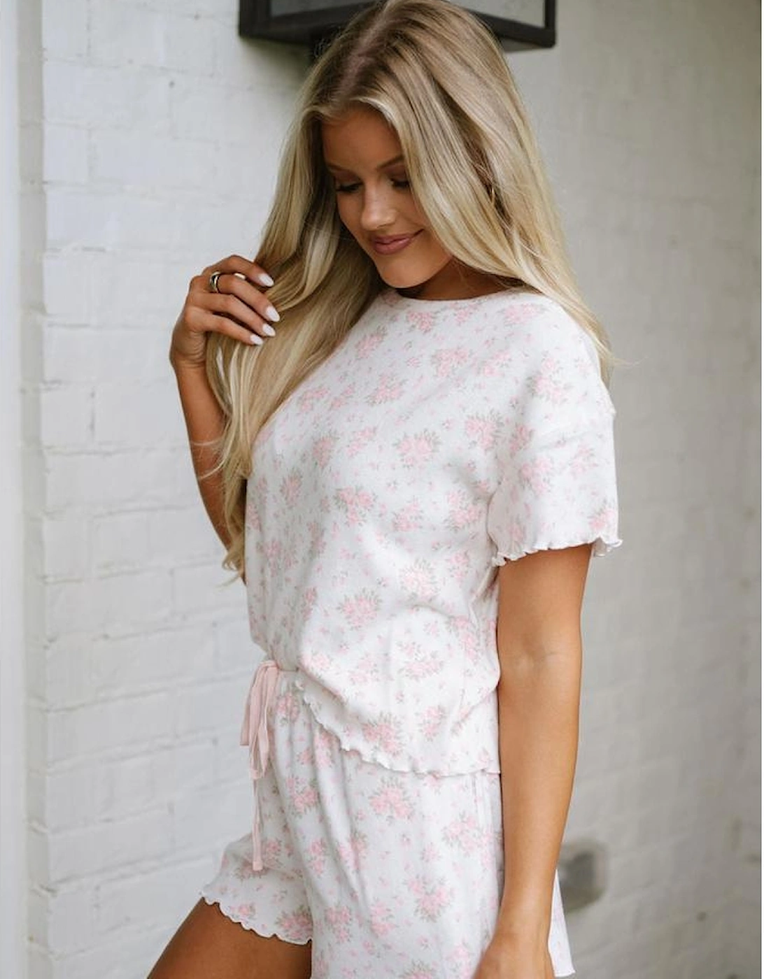 Pink Floral Lettuce Trim Tee and Shorts Ribbed Lounge Set