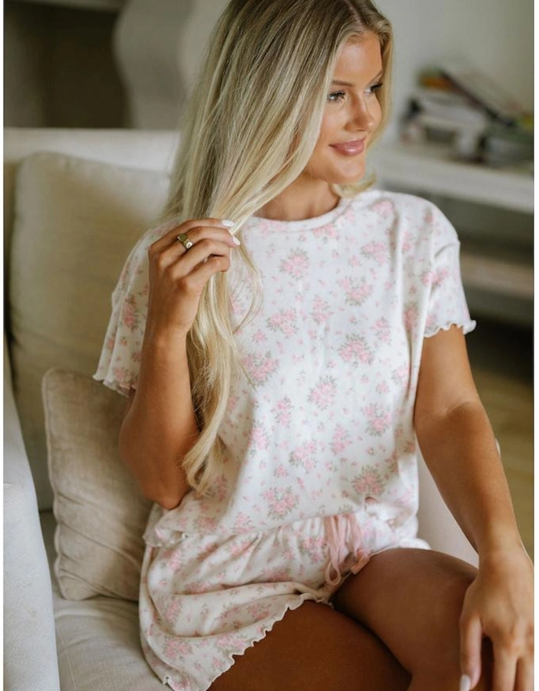 Pink Floral Lettuce Trim Tee and Shorts Ribbed Lounge Set