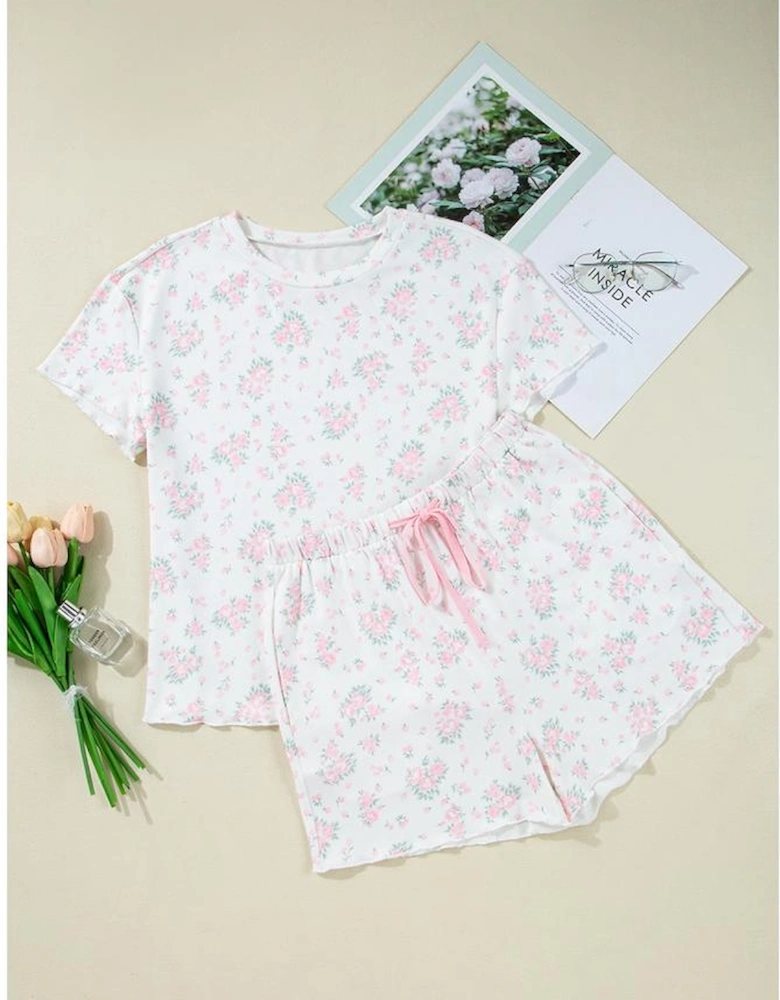 Pink Floral Lettuce Trim Tee and Shorts Ribbed Lounge Set