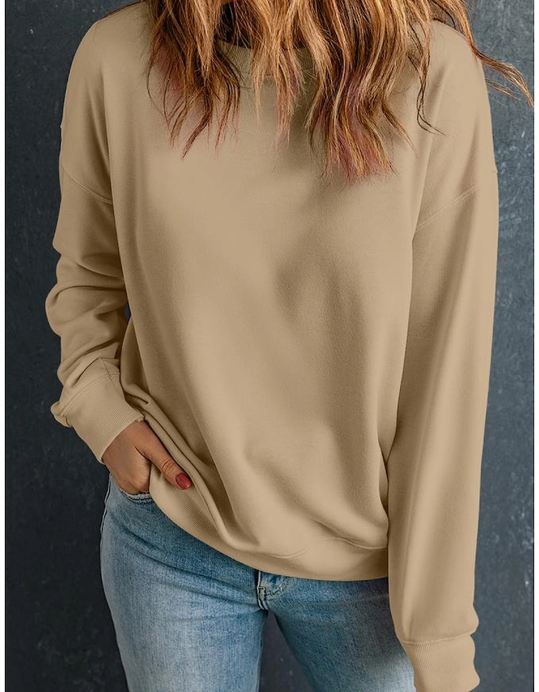 Khaki Solid Classic Crewneck Pullover Sweatshirt, 5 of 4