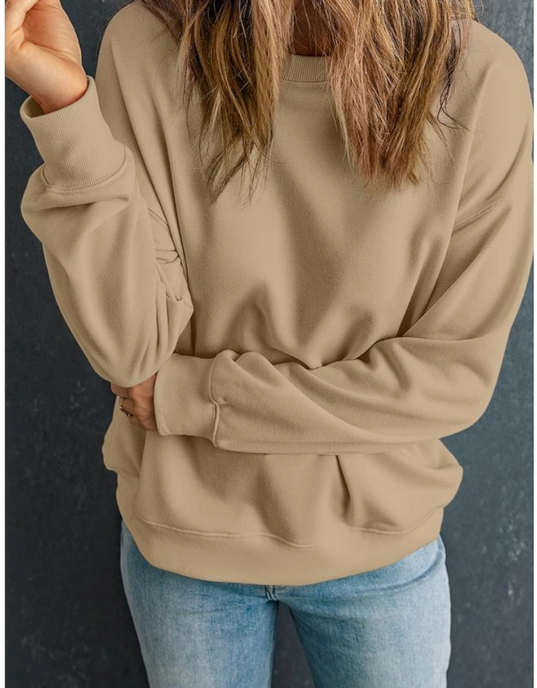 Khaki Solid Classic Crewneck Pullover Sweatshirt