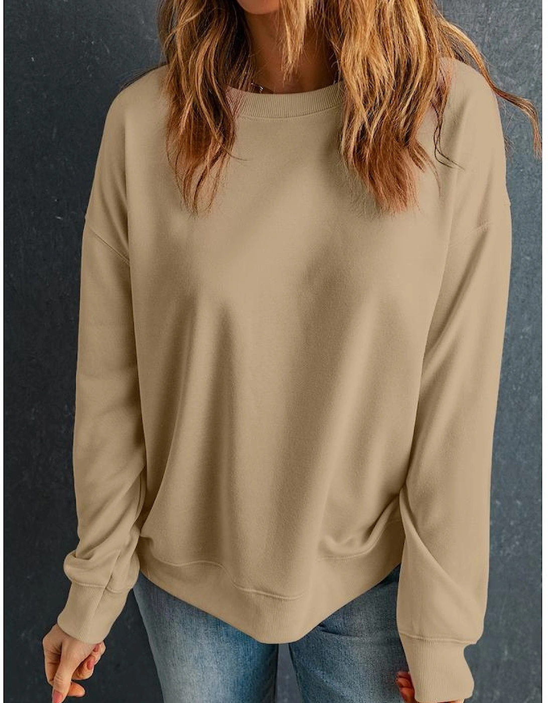 Khaki Solid Classic Crewneck Pullover Sweatshirt