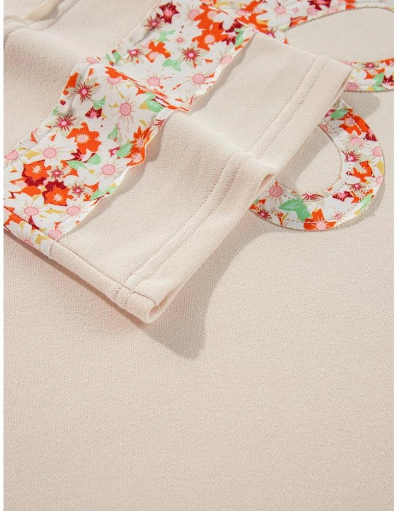 Beige Flower Patch Graphic Exposed Seam Wide Sleeve Top
