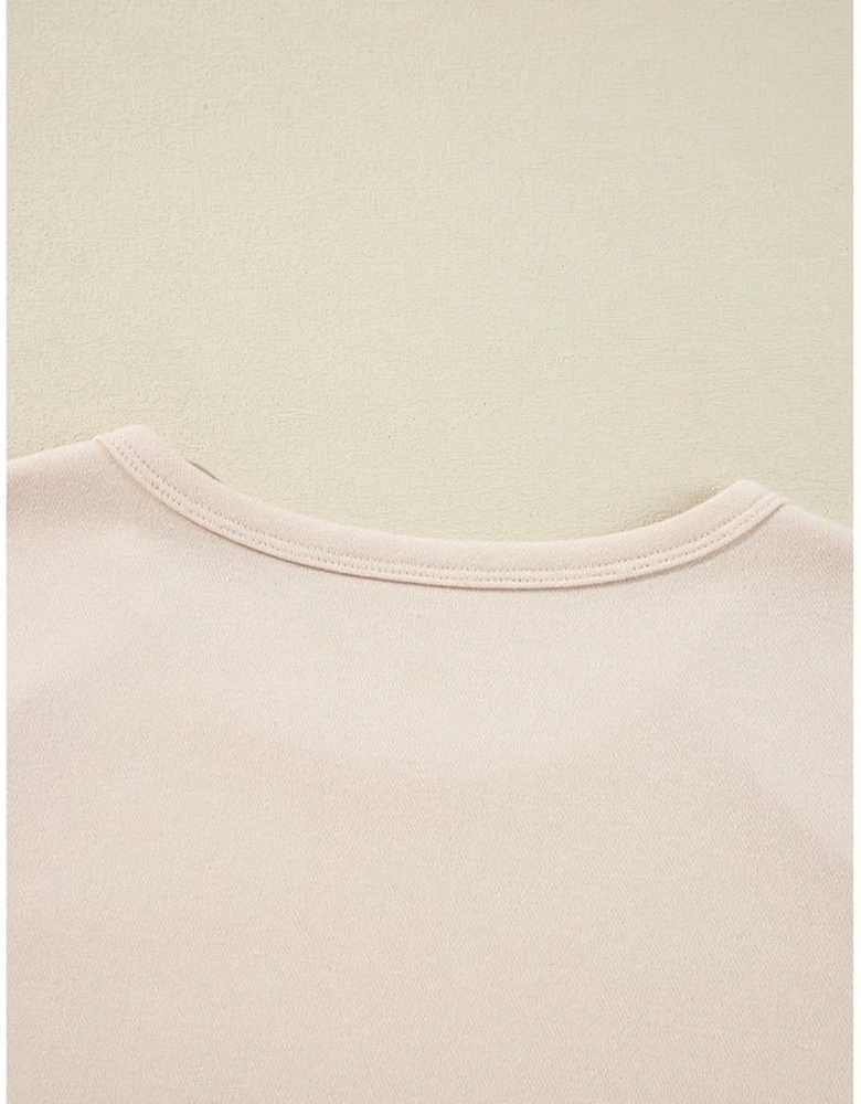 Beige Flower Patch Graphic Exposed Seam Wide Sleeve Top