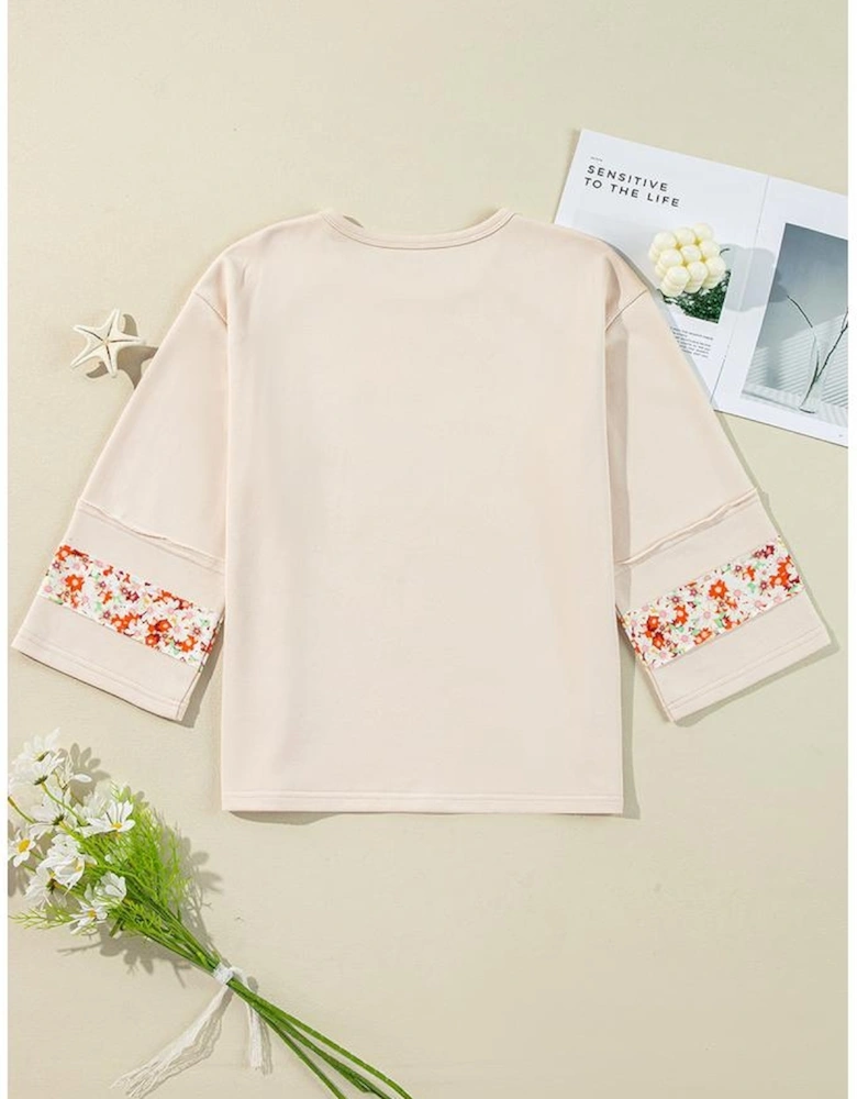 Beige Flower Patch Graphic Exposed Seam Wide Sleeve Top